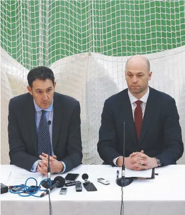  ?? Picture: GETTY IMAGES ?? IN AGREEMENT: Cricket Australia CEO James Sutherland and his Australian Cricketers’ Associatio­n counterpar­t Alistair Nicholson speak to the media at the MCG yesterday.