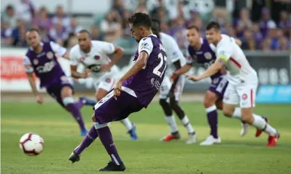  ??  ?? Juande scored from the winner at HBF Park to maintain Perth’s six-point lead at the top of the A-League. Photograph: Paul Kane/Getty Images