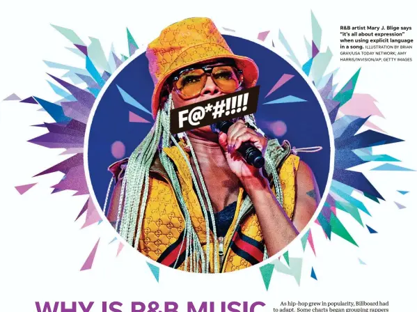  ?? ILLUSTRATI­ON BY BRIAN GRAY/USA TODAY NETWORK; AMY HARRIS/INVISION/AP; GETTY IMAGES ?? R&B artist Mary J. Blige says “it’s all about expression” when using explicit language in a song.