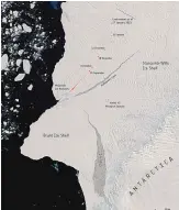  ?? SOURCE: EUROPEAN SPACE AGENCY ?? Satellite imagery shows cracks in the Brunt Ice Shelf earlier this month. Now, a large iceberg has broken off the shelf.