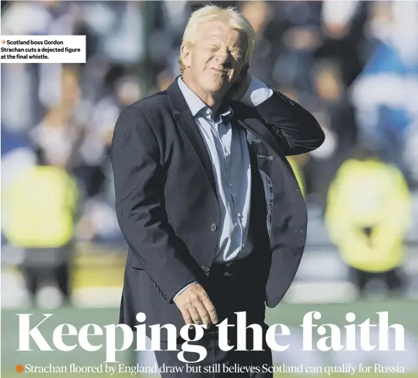  ??  ?? 3 Scotland boss Gordon Strachan cuts a dejected figure at the final whistle.