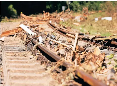  ?? FOTO: OLIVER BERG/DPA ?? Treibgut auf Bahngleise­n in Kall in der Nordeifel.