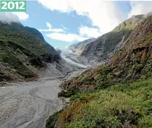  ??  ?? The melt at Franz Josef has been dramatic. The left photo is 2008, the right in 2012.