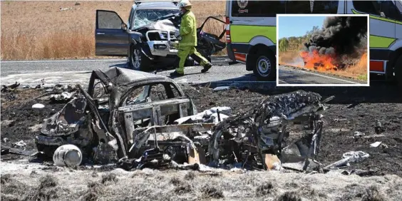  ?? Photo: Philippe Coquerand ?? HORROR SCENE: A ute burst into flames after a head-on collision on the Wide Bay Highway near Kilkivan. INSET: The Dalby man was pulled from the wreck moments before it burst into flames.