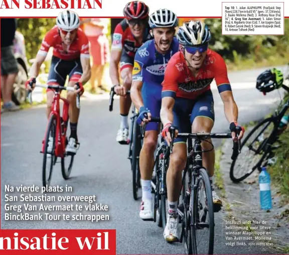  ?? FOTO PHOTO NEWS ?? Insausti leidt hier de beklimming voor latere winnaar Alaphilipp­e en Van Avermaet. Mollema volgt links.