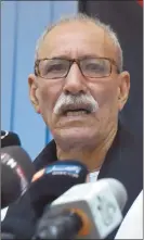  ?? Photo: Nampa/AFP ?? In this file photo from 19 October 2017, Brahim Ghali, Polisario secretary general and president of the self-proclaimed Sahrawi Arabic Democratic Republic, speaks following a meeting with UN envoy at the Sahrawi refugee camp of Rabouni. He appeared before a Madrid court yesterday to answer allegation­s of torture.