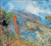  ?? PTI FILE ?? A forest fire in the Chandradro­na Hill range at Chikmagalu­r.