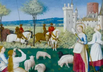  ??  ?? Sainte Marguerite, patronne des femmes enceintes, devant un château (peutêtre Loches). Miniature exécutée par Jean Fouquet pour Le Livre d’heures d’étienne Chevalier.