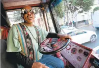  ??  ?? Bus driver James "Tipsy Love" Fischer welcomes people aboard the Magic Bus, which features psychedeli­c interior decor, below.