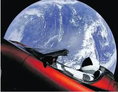  ?? SPACEX VIA THE ASSOCIATED PRESS ?? This image from video shows the SpaceX spacesuit in Elon Musk’s red Tesla sports car launched into space on the first test flight of the Falcon Heavy rocket on Tuesday.