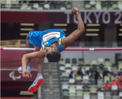  ?? Mark Edward Harris © All rights reserved. ?? India's Praveen Kumar is on his way to earning a silver medal in the men's high jump at the Tokyo 2020 Paralympic­s.