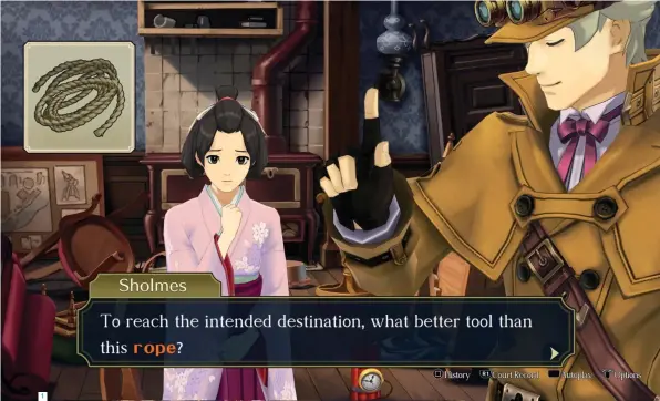  ??  ?? 1 Sholmes’ over-eagerness leads him to make often humorous errors in deduction. Replace keywords in his monologue to course-correct him and get to the truth of the matter. 2 Get ready to point the finger of justice in court, with cries of “objection” aplenty.
3 Ace Attorney prosecutor­s have to be eccentric. Van Zeiks drinks wine, then crushes his goblet. He’s no Edgeworth, we have to admit, but he’s a fun opponent nonetheles­s.