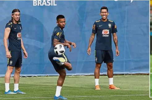  ?? — AP / Reuters ?? Capable: (From left) Brazil’s Filipe Luis, Gabriel Jesus and Roberto Firmino during a training session in Sochi on Tuesday. Inset: Philippe Coutinho.