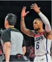  ?? AP PHOTO/ERIC GAY ?? U.S. basketball player Damian Lillard argues a call with an official during Saturday’s gold medal victory against France at the Tokyo Olympics.