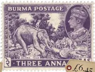  ?? ?? Burma GVI 1938-40 3 annas, dull violet; with Elephants and Teak Logs design; described as v.f. unused. Offered by US dealer eosteraa from California for US $7.95 plus US $2.50 first class internatio­nal mailing