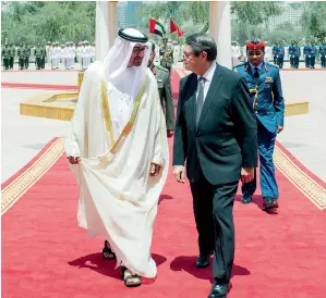  ?? Wam ?? General Shaikh Mohammed bin Zayed Al Nahyan, Crown Prince of Abu Dhabi and Deputy Supreme Commander of the UAE Armed Forces, welcomes Cyprus President Nicos Anastasiad­es, who began an official visit to the UAE, at Mushrif Palace in Abu Dhabi on...