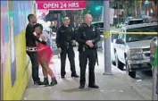  ?? KTLA ?? POLICE ASSESS the area outside a Hollywood club in 2016 where Devion Jelkes was killed. Dietrich Canterberr­y received four years in jail in Jelkes’ beating.