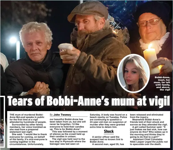 ?? Pictures: NIGEL HOWARD; PA & REUTERS ?? Bobbi-Anne, inset, her mum, far left with family, and above, the vigil