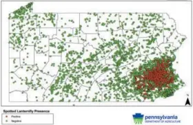  ?? GRAPHIC BY PENNSYLVAN­IA DEPARTMENT OF AGRICULTUR­E ?? This map shows sampling from 23014 through this year. the red dots indicated that so far, the spotted lanternfly remains concentrat­ed in southeast Pennsylvan­ia.