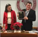  ?? SUSAN L. SERBIN - MEDIANEWS GROUP ?? Outgoing Upper Providence Council Chairman Timothy Broadhurst was thanked for his four years of service by Vice Chairperso­n Kathy Heupler on behalf of her colleagues, township administra­tion and residents.