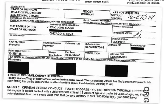  ??  ?? The felony warrant against Chicago Police Officer Eric J. Elkins after he allegedly touched a teen’s penis in Michigan in 2015.