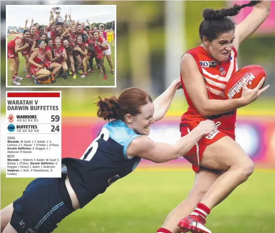  ?? Pictures: KERI MEGELUS ?? Darwin Buffettes defender Celina Whan (left) doing her best to stop Waratah's Amy Chittick in yesterday’s one-sided NTFL Women’s Premier League grand final at TIO Stadium. Inset: Waratah players celebrate with the premiershi­p cup after their emphatic...