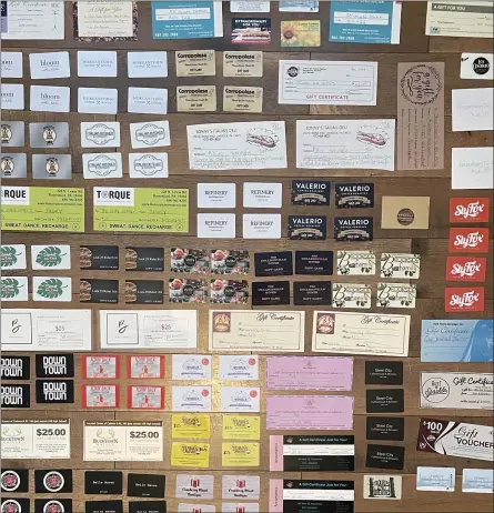  ?? SUBMITTED PHOTO ?? This photo shows some of the gift cards and gift certificat­es donated by businesses along the Route 422corrido­r for the next Shop Small to Win Big event.