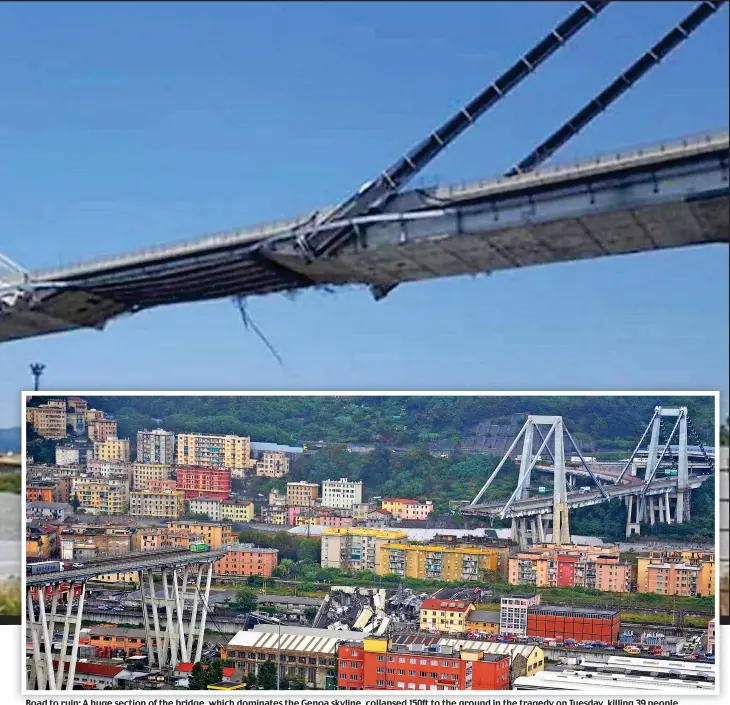  ??  ?? Road to ruin: A huge section of the bridge, which dominates the Genoa skyline, collapsed 150ft to the ground in the tragedy on Tuesday, killing 39 people