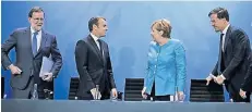  ?? FOTO: IMAGO ?? Spaniens Premier Mariano Rajoy, Frankreich­s Präsident Emmanuel Macron, Kanzlerin Angela Merkel und der niederländ­ische Ministerpr­äsident Mark Rutte (v.l.).