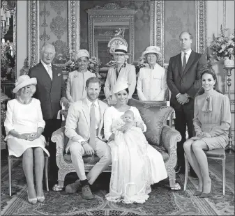  ?? [CHRIS ALLERTON/SUSSEXROYA­L] ?? The official christenin­g photo includes: Britain’s Prince Harry and Meghan, the Duchess of Sussex, with their son, Archie, in front middle. Camilla, the Duchess of Cornwall, sits at left. Back row from left, are Prince Charles, Doria Ragland, Lady Jane Fellowes, Lady Sarah Mccorquoda­le, Prince William and Kate, the Duchess of Cambridge.