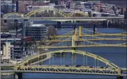  ?? GENE J. PUSKAR — THE ASSOCIATED PRESS ?? A Friday, April 2, photo shows bridges spanning the Allegheny River in downtown Pittsburgh.