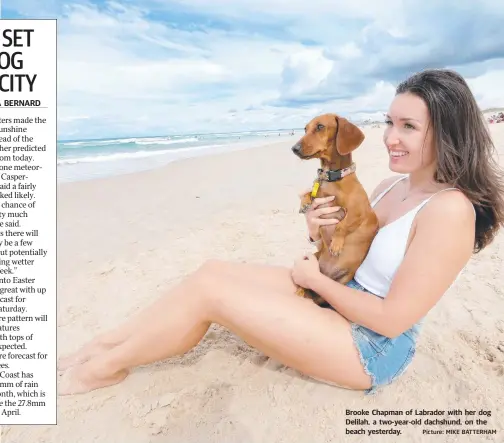  ?? Picture: MIKE BATTERHAM ?? Brooke Chapman of Labrador with her dog Delilah, a two-year-old dachshund, on the beach yesterday.