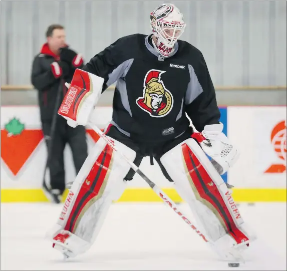  ?? — JEAN LEVAC/OTTAWA CITIZEN ?? Ottawa goalie Andrew Hammond is battling a back injury, but says he’s ready to play Tuesday night in Detroit.