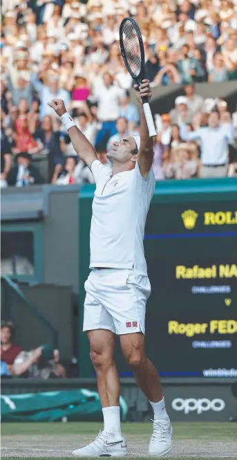  ?? Picture: GETTY IMAGES ?? Roger Federer of Switzerlan­d celebrates victory in his men's singles semi-final match against Spain’s Rafael Nadal during Wimbledon day 11