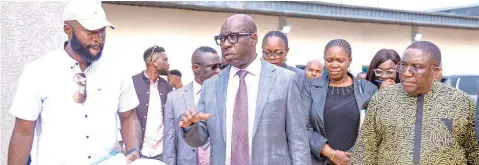  ?? ?? Managing Director, Pekuric Constructi­on Ltd, Cyril Okpeahior ( left); Edo State Governor, Godwin Obaseki and Managing Director, Edo State Public Building and Maintenanc­e Agency, Austin Osaretin Osakwe during the inspection of ongoing projects at the Victor Uwaifo Creative Hub and Soundstage, in Benin City