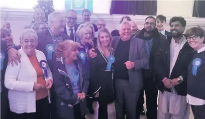  ??  ?? New Hyndburn MP Sara Britcliffe celebrates with Conservati­ve members.