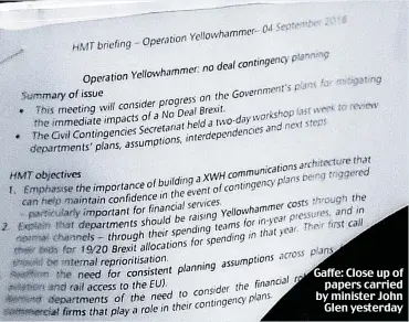  ??  ?? Gaffe: Close up of papers carried by minister John Glen yesterday