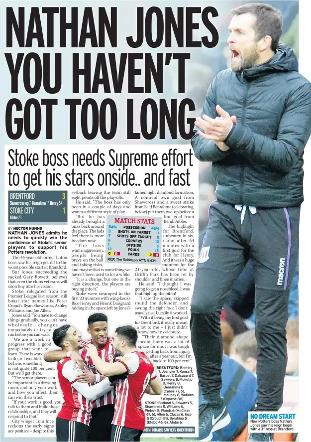  ??  ?? NO DREAM START New Potters boss Nathan Jones saw his reign begin with a 3-1 loss at Brentford
