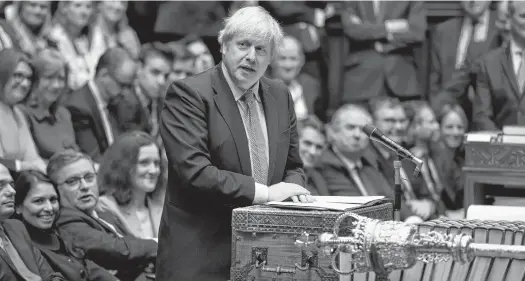  ?? JESSICA TAYLOR ?? Britain's Prime Minister Boris Johnson speaks during a lawmakers meeting to elect a speaker, in London, Britain on Dec. 17.