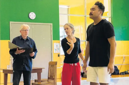  ?? PHOTO: LATITUDE CREATIVE ?? First step . . . Rehearsing for The Soldier’s Tale are (from left) narrator Peter Hayden, director Sara Brodie and Sepelini Mua’au (who plays the soldier).