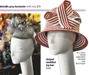  ?? ALL HATS
FROM HARLEM’S HEAVEN
HAT BOUTIQUE ?? Metallic gray fascinator with veil, $79 Striped modified top hat,
$160