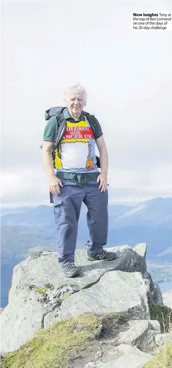  ??  ?? New heights Tony at the top of Ben Lomond on one of the days of his 20-day challenge