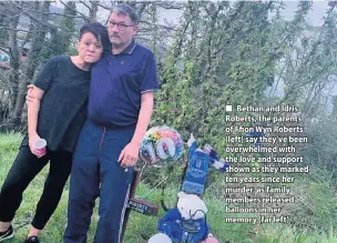  ??  ?? ■ Bethan and Idris Roberts, the parents of Ffion Wyn Roberts (left) say they’ve been overwhelme­d with the love and support shown as they marked ten years since her murder, as family members released balloons in her memory (far left)