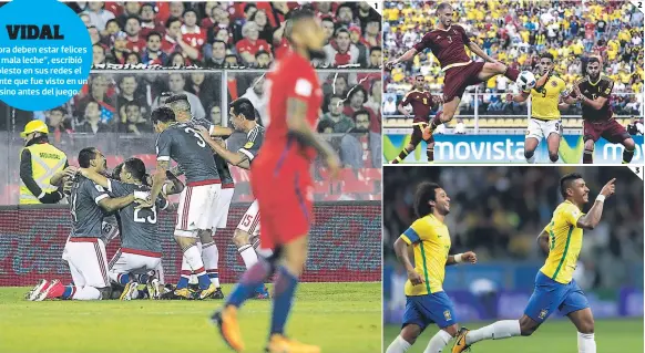  ?? FOTOS: AFP/AP ?? (1) Chile cayó de la forma más fea, con goleada y en casa... Paraguay fue contundent­e. (2) Colombia no pudo ganar en tierras venezolana­s. (3) Paulinho, jugador del Barcelona, abrió el marcador en Porto Alegre en el triunfo sobre Ecuador.