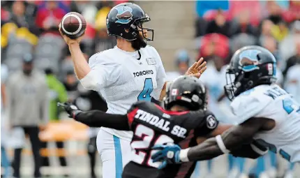  ?? CANADIAN PRESS FILE PHOTO ?? Toronto Argonauts quarterbac­k McLeod Bethel-Thompson has been intercepte­d only twice in his last five games.