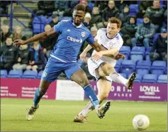  ?? PICTURE: ShutterPre­ss ?? POWERING ON: Connor Jennings grabs Tranmere’s second as they put struggling Guiseley to the sword