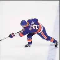  ?? Bridgeport Sound Tigers / Contribute­d Photo ?? Sound Tigers defenseman Seth Helgeson shoots against the Providence Bruins on March 31 at Webster Bank Arena in Bridgeport.