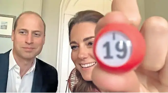  ??  ?? The Duke and Duchess of Cambridge call the numbers via video link as they join the residents of a care home for a traditiona­l – albeit virtual – game of bingo yesterday