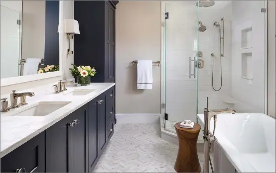  ??  ?? This photo shows a freestandi­ng bathtub, as seen in this Chevy Chase, M.D., master bathroom by Aidan Design, is much more popular than the built-in bathtubs that have been used in residentia­l bath design for decades, says designer Nadia Subaran. Beyond their practical use, tubs like this serve as sculptural design pieces in a beautiful master bathroom.