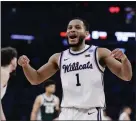  ?? ADAM HUNGER — THE ASSOCIATED PRESS ?? Kansas State guard Markquis Nowell reacts after a play in the second half of a Sweet 16game against Michigan State in the East Regional of the NCAA tournament at Madison Square Garden on Thursday.